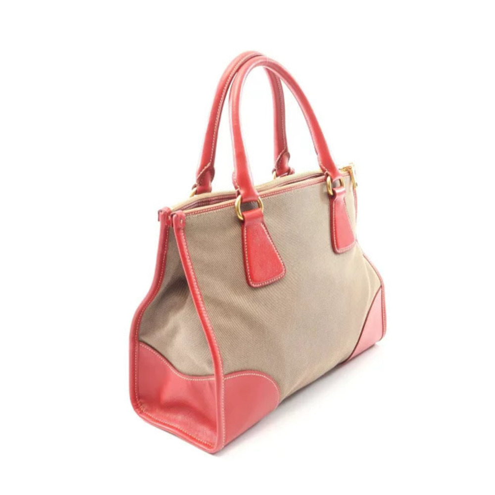 Prada Jacquard Handbag Beige Canvas Red Leather